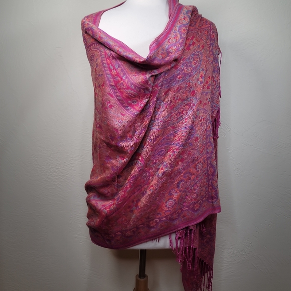 Bohemian Cashmere mix Wide Shoulder Shawl Paisley Flower hotpink/multico… - Picture 2 of 14